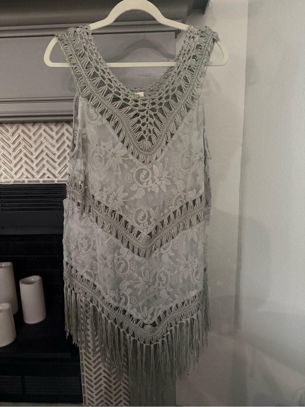 Women’s Gray Crochet Fringe Swim Coverup
